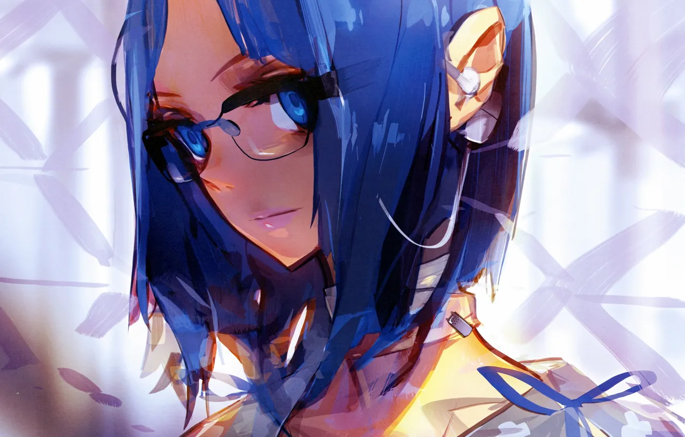 Photo wallpaper girl, headphones, art, glasses, tape, blue eyes, blue hair, short hair