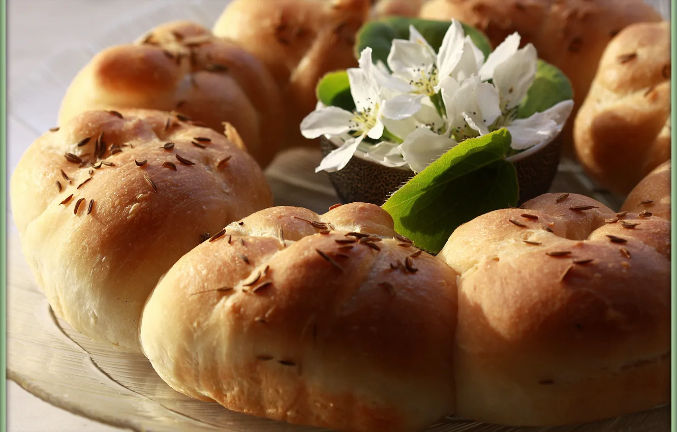 Photo wallpaper the sun, flowers, food, spring, morning, Apple, buns