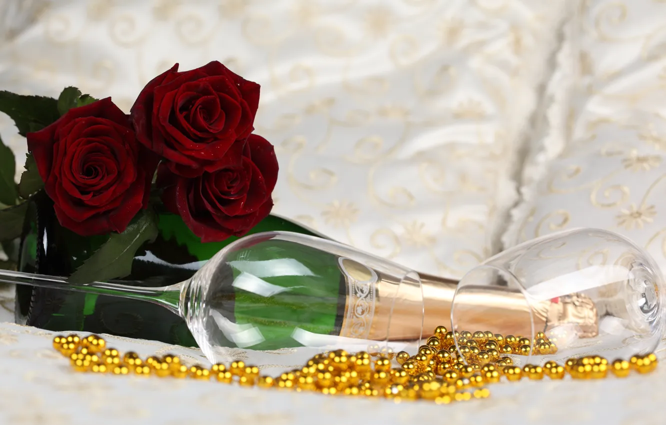 Photo wallpaper flowers, roses, glasses, champagne