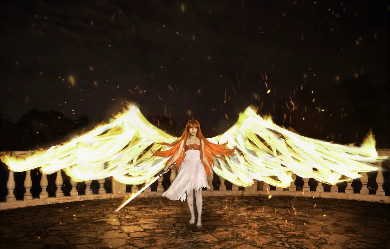 Photo wallpaper look, girl, face, fire, flame, wings, sword
