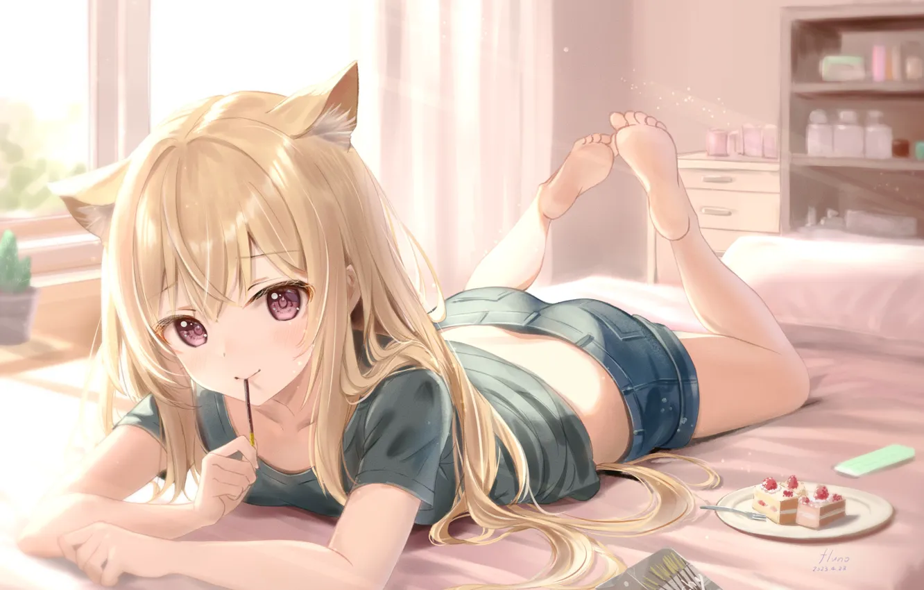 Photo wallpaper girl, bed, ears, brownies