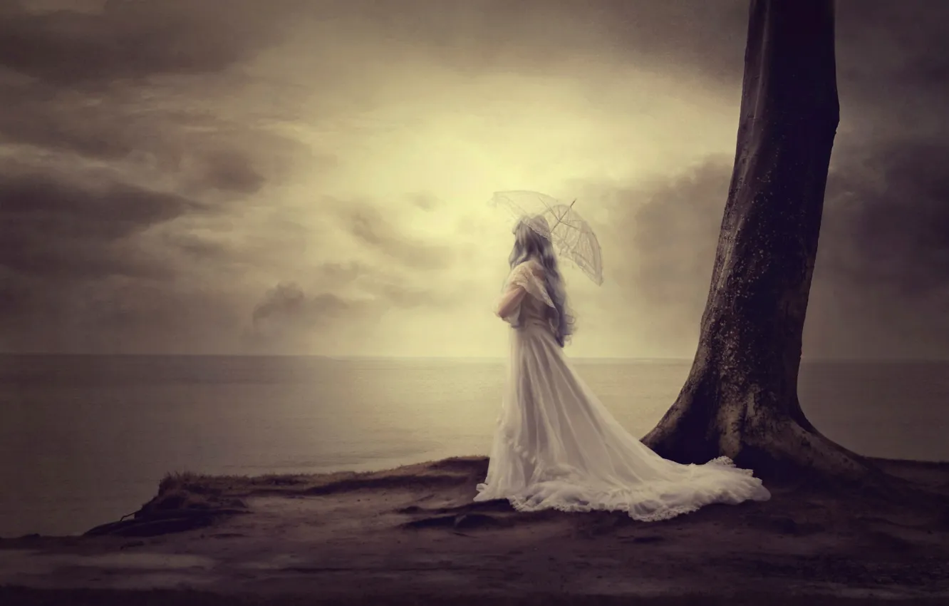 Photo wallpaper girl, dream, shore, umbrella, dress, Baltic Sea, fine art