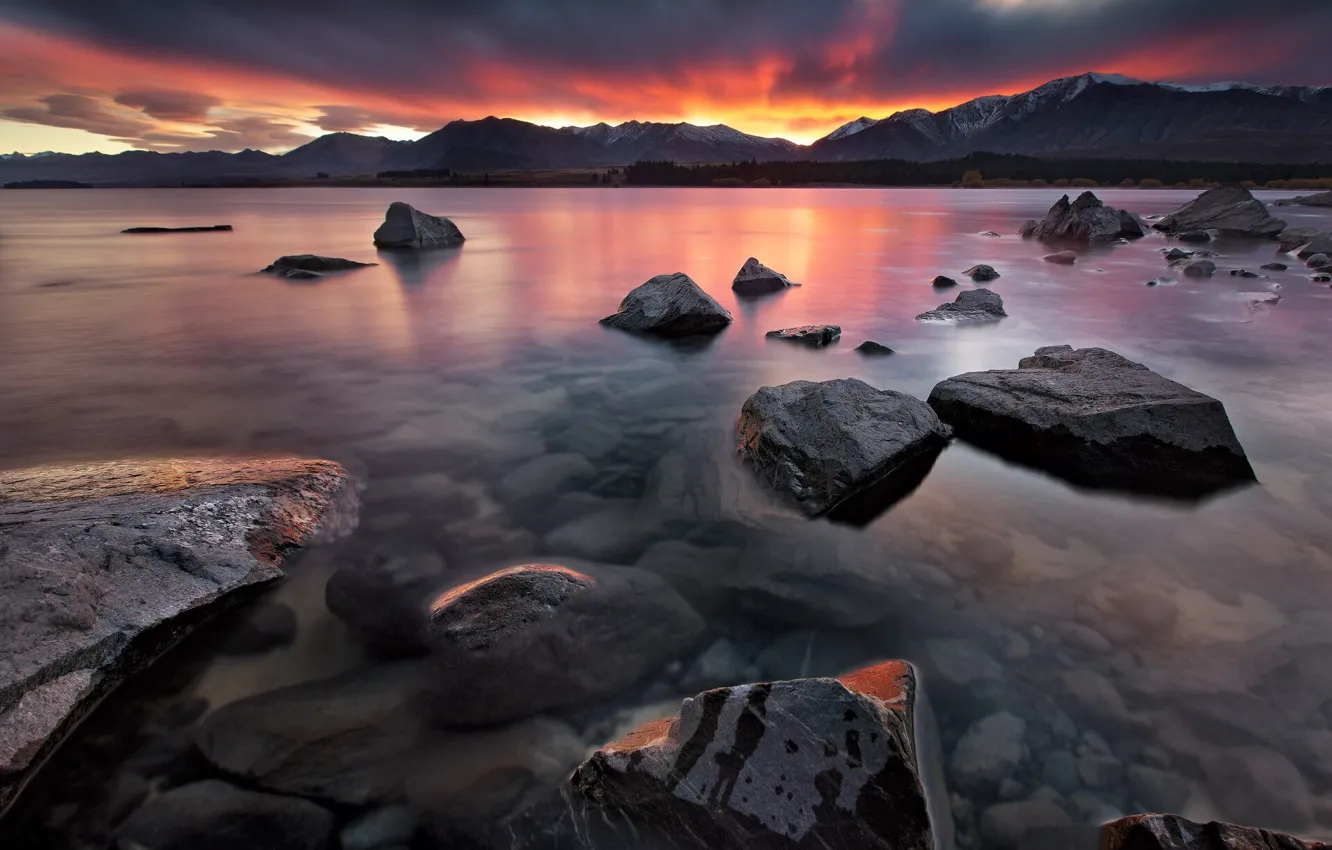 Photo wallpaper sunset, mountains, nature, lake, stones