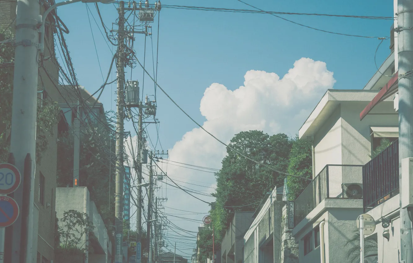 Photo wallpaper the sky, clouds, posts, wire, home, Japan