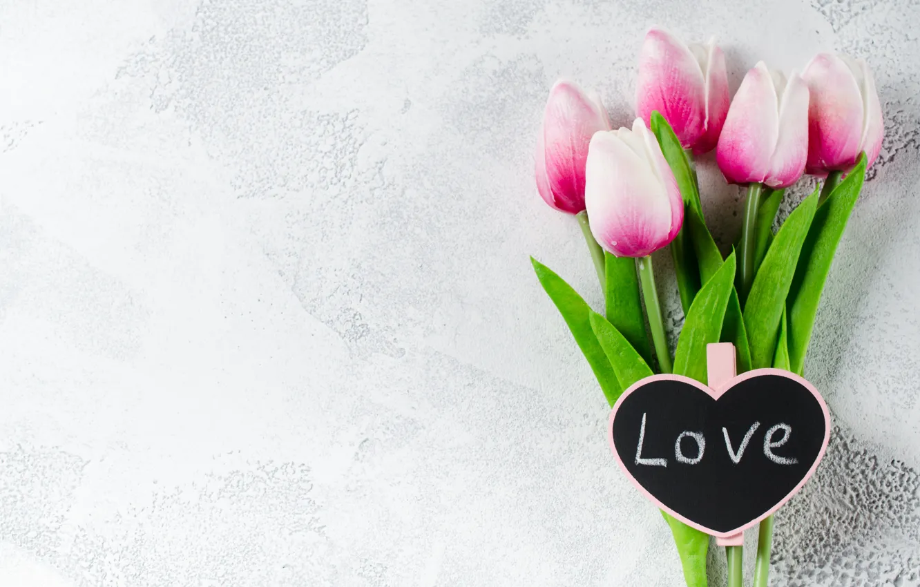Photo wallpaper love, flowers, heart, bouquet, tulips, love, pink, heart