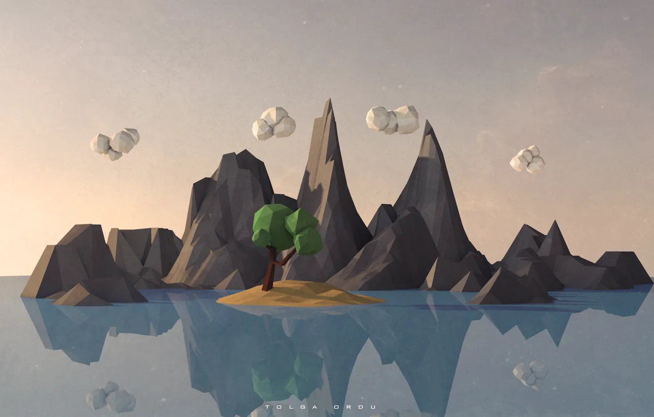 Photo wallpaper landscape, reflection, paper, low poly landscape