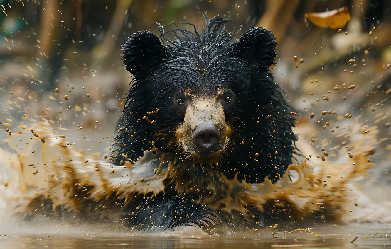 Photo wallpaper look, face, water, predator, bear, dirt, digital art, Black bear