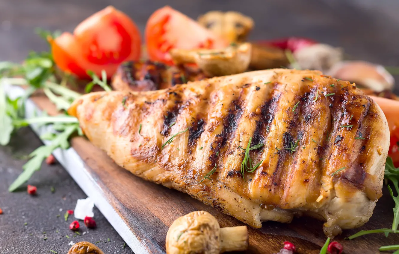 Photo wallpaper meat, tomatoes, steak, grill