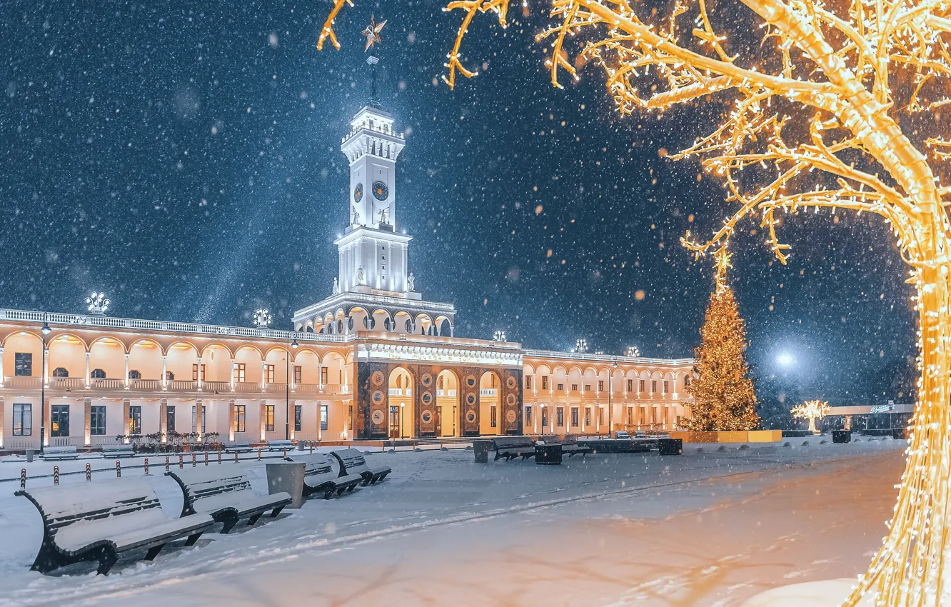 Photo wallpaper winter, snow, night, the city, tree, holiday, the building, new year