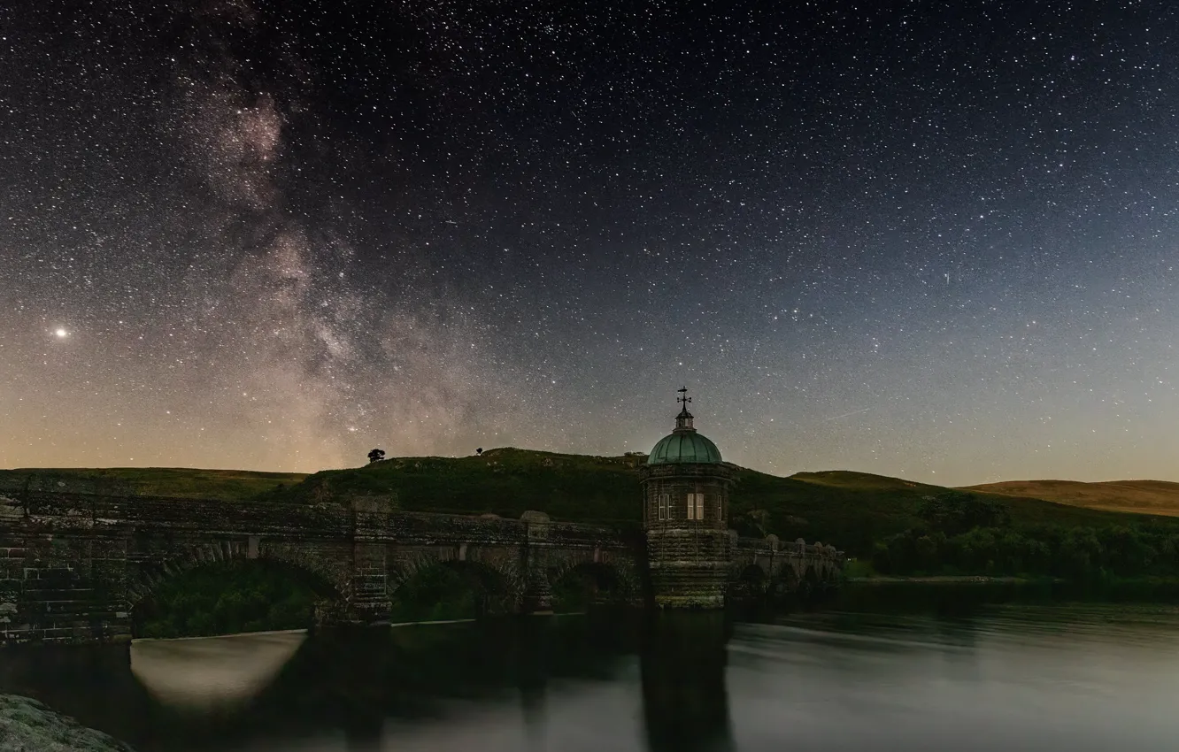 Photo wallpaper stars, night, bridge, tower, arch, pond, viaduct