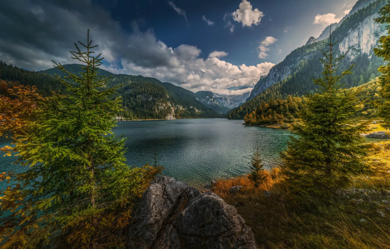 Photo wallpaper clouds, trees, mountains, lake, spruce