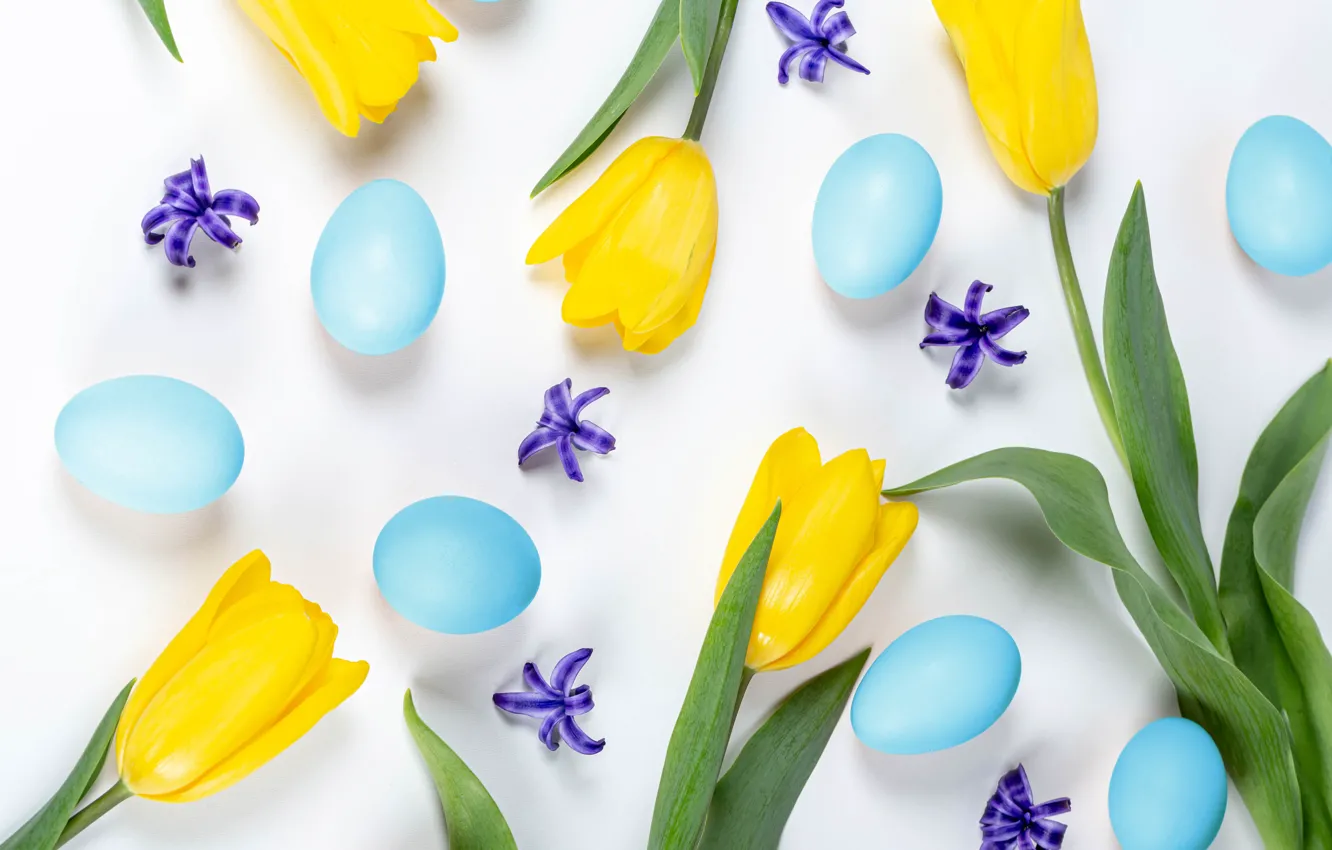 Photo wallpaper flowers, eggs, Easter, tulips, white background, eggs, yellow tulips