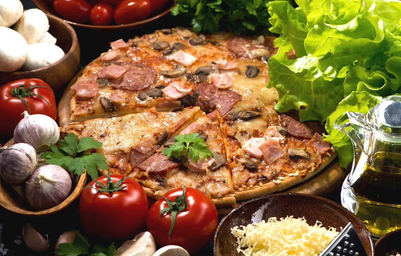 Photo wallpaper mushrooms, oil, cheese, pizza, tomatoes, salad, garlic, ham