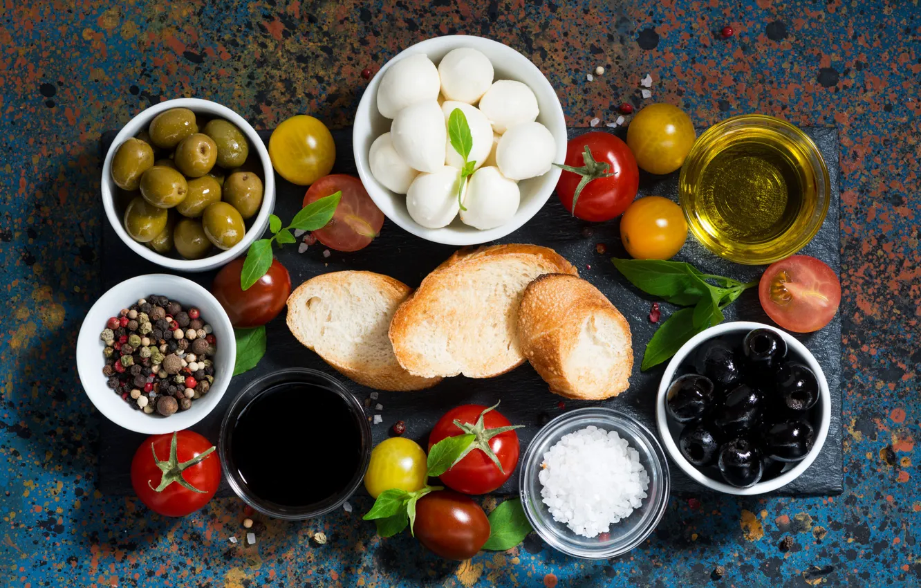 Photo wallpaper pepper, tomatoes, olives, sauce, mozzarella, bruschetta