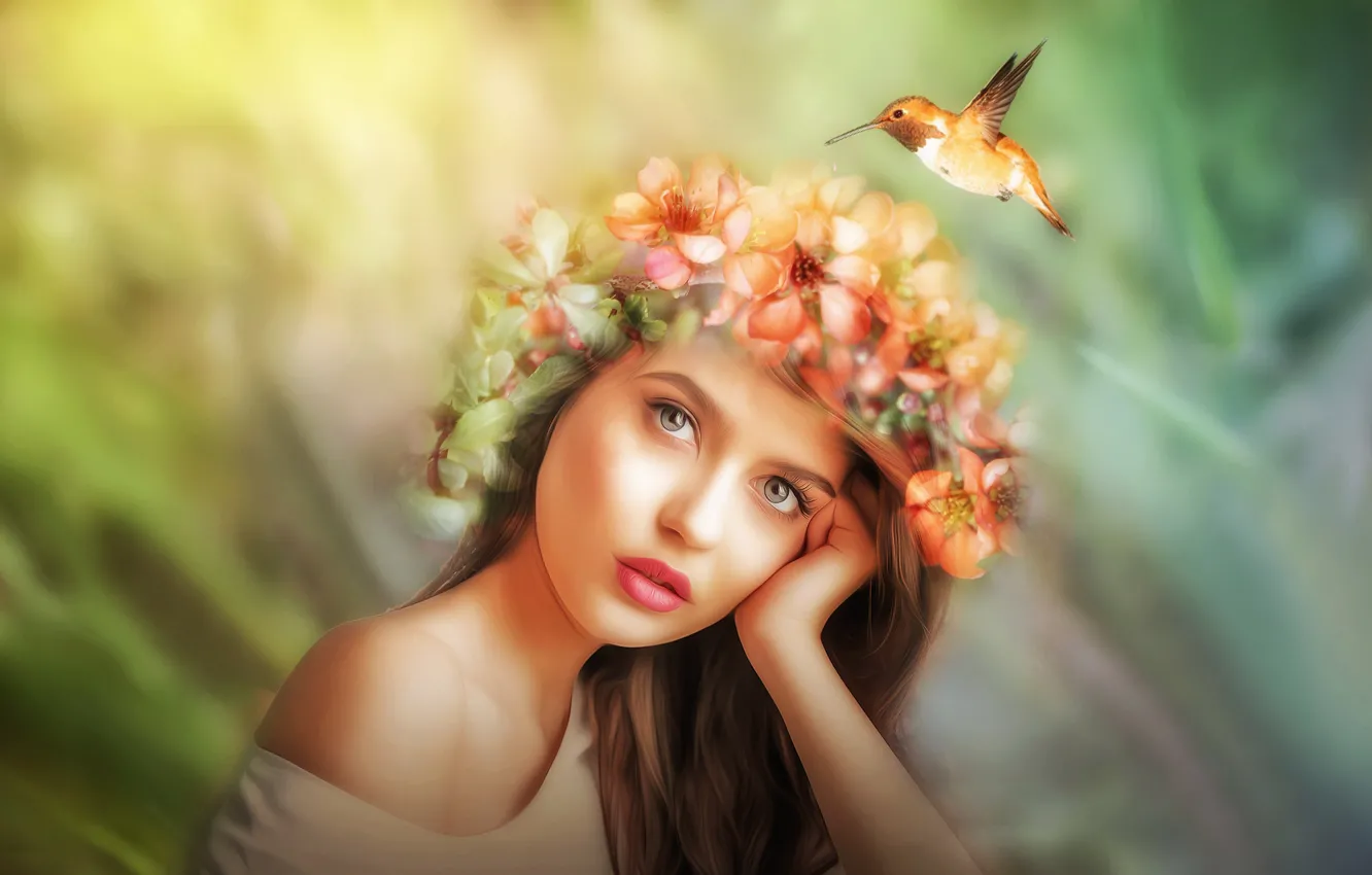 Photo wallpaper look, girl, flowers, face, rendering, bird, portrait, treatment