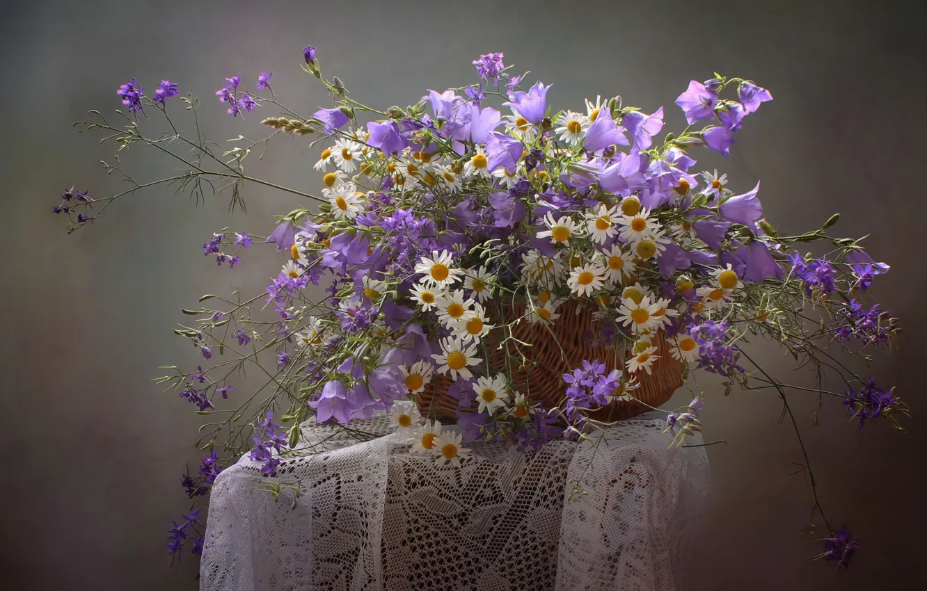 Photo wallpaper basket, chamomile, bells