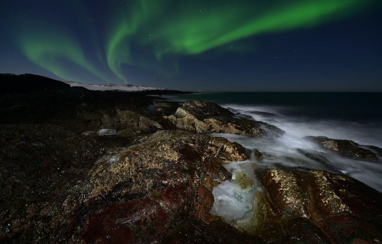 Photo wallpaper sea, the sky, stars, night, stones, shore, Northern lights, horizon