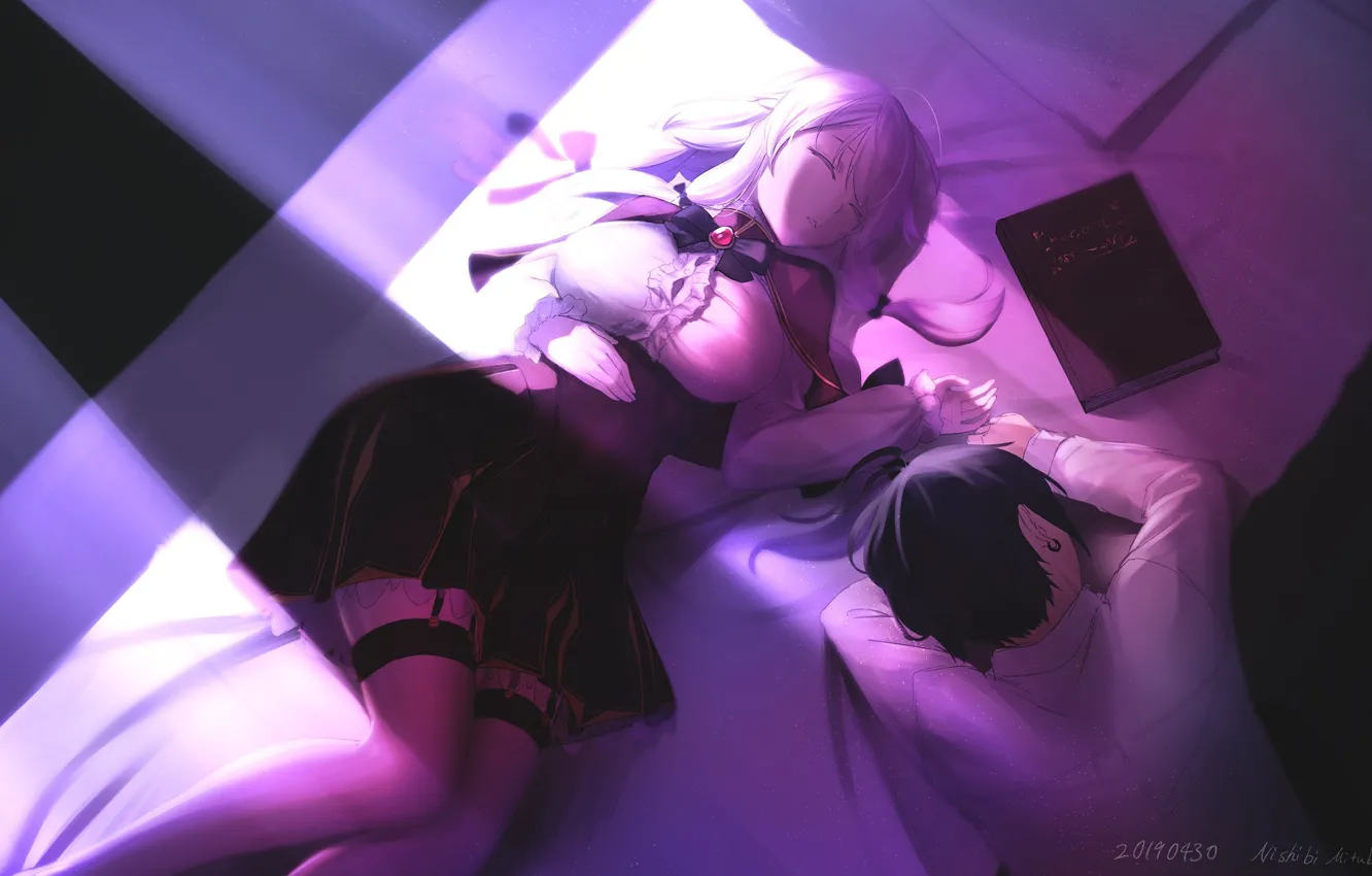 Photo wallpaper girl, bed, sleeping, book, guy, two