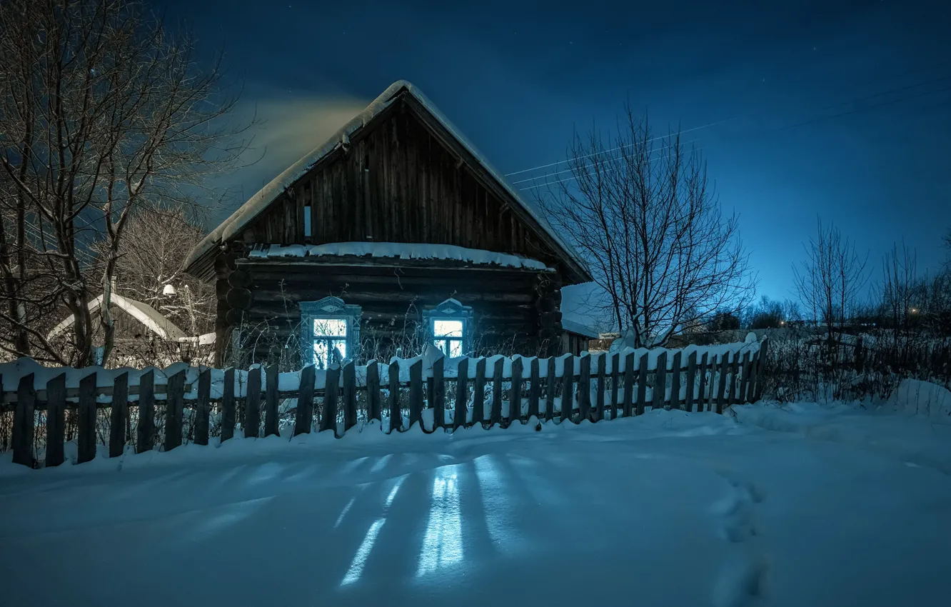 Photo wallpaper winter, light, snow, landscape, night, nature, the fence, home