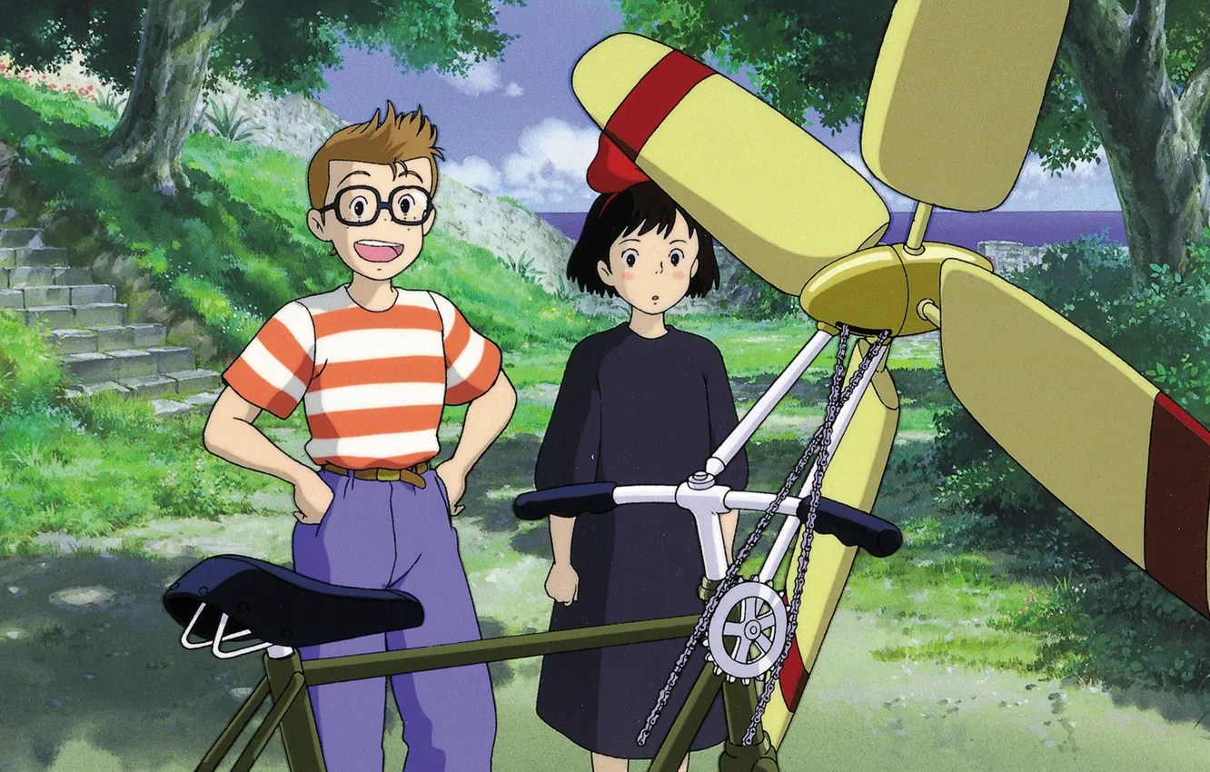 Photo wallpaper bike, Park, surprise, glasses, ladder, propeller, guy, two