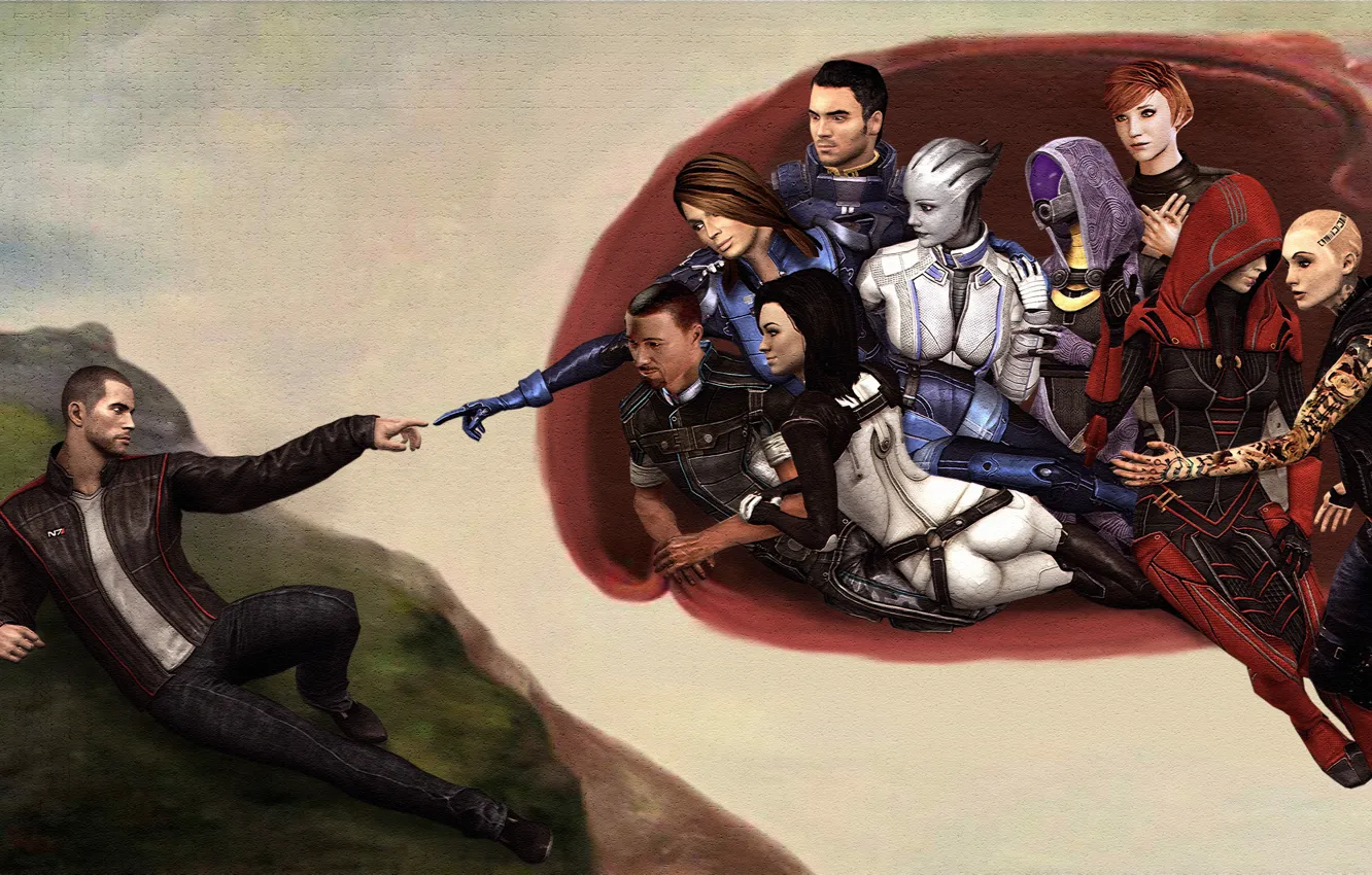 Photo wallpaper hands, art, team, Ashley, mural, mass effect, shepard, characters