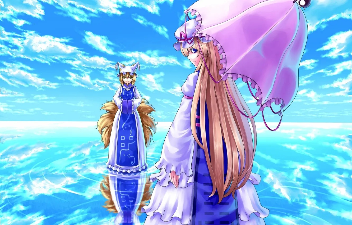 Photo wallpaper sea, cat, water, girl, umbrella, anime