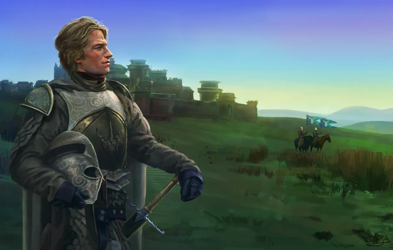 Photo wallpaper castle, horse, sword, armor, art, helmet, male, rider