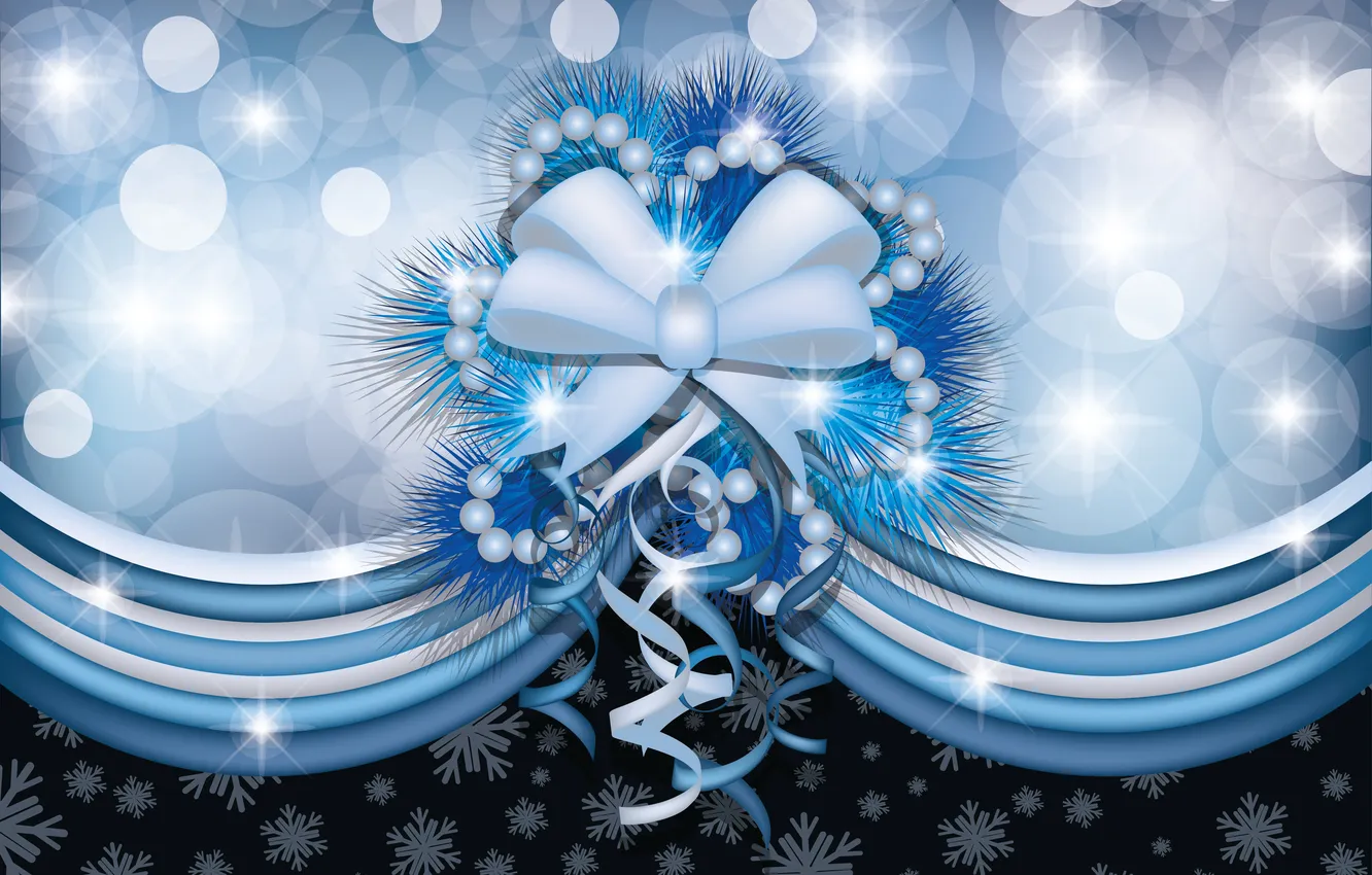 Photo wallpaper snowflakes, tape, beads, bow
