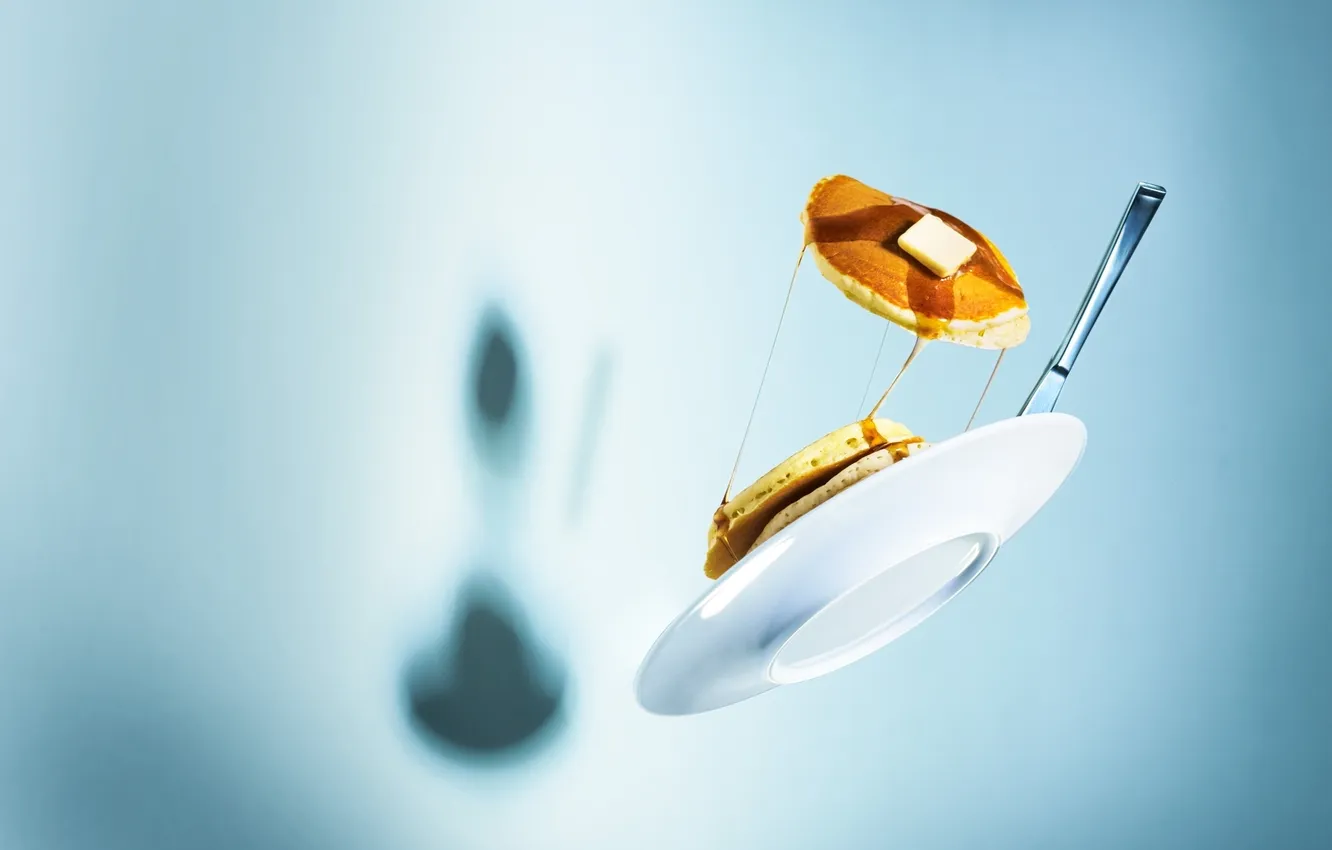 Photo wallpaper flight, oil, shadow, plate, knife, syrup, pancakes