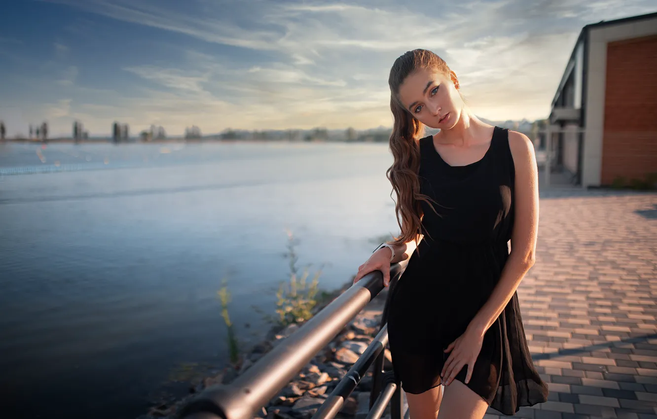 Photo wallpaper look, girl, pose, river, promenade, long hair, black dress, Dmitry Shulgin