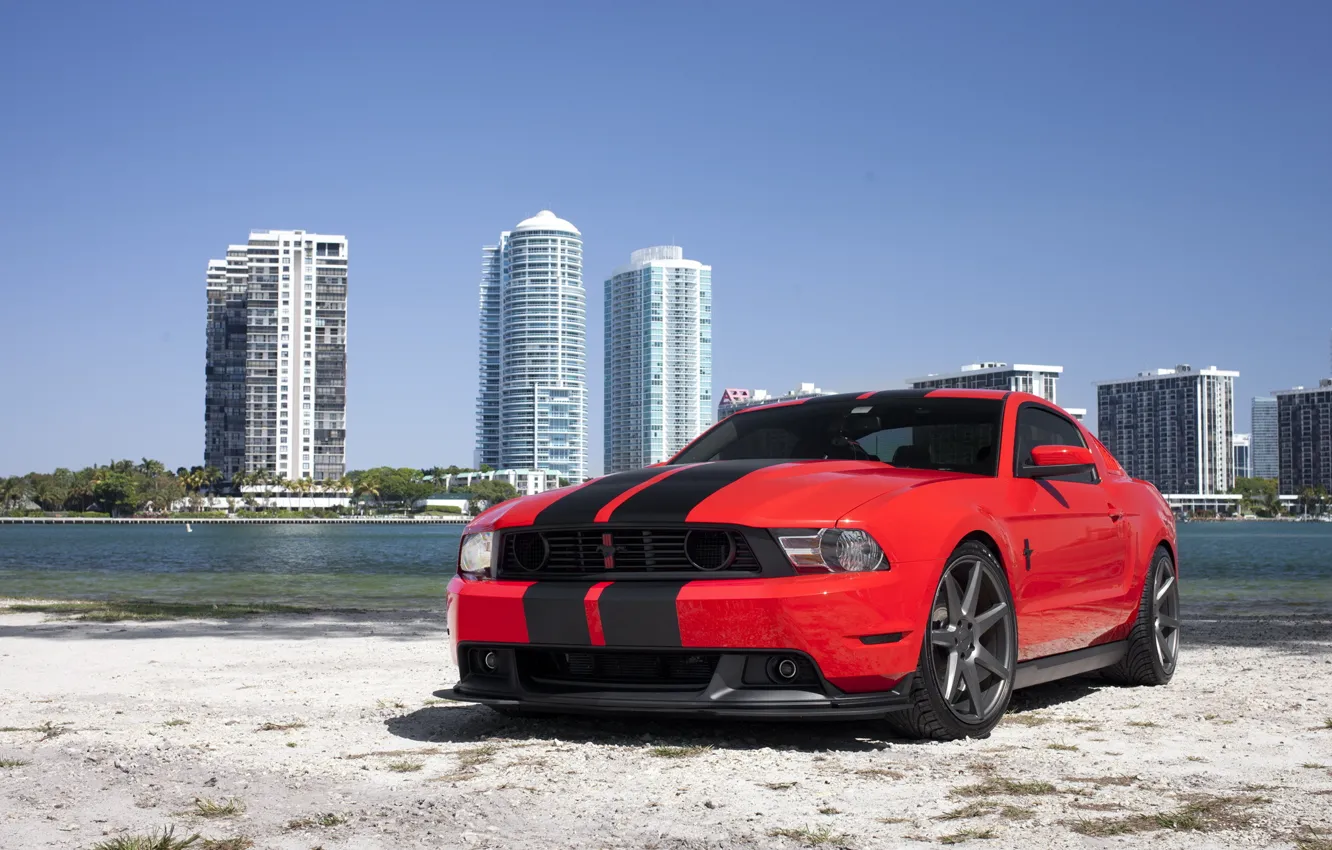 Photo wallpaper mustang, red, ford, beach, miami