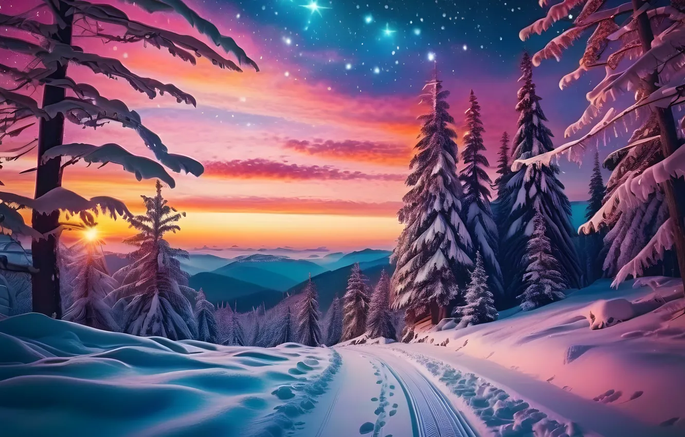 Photo wallpaper winter, frost, road, forest, the sky, the sun, stars, clouds