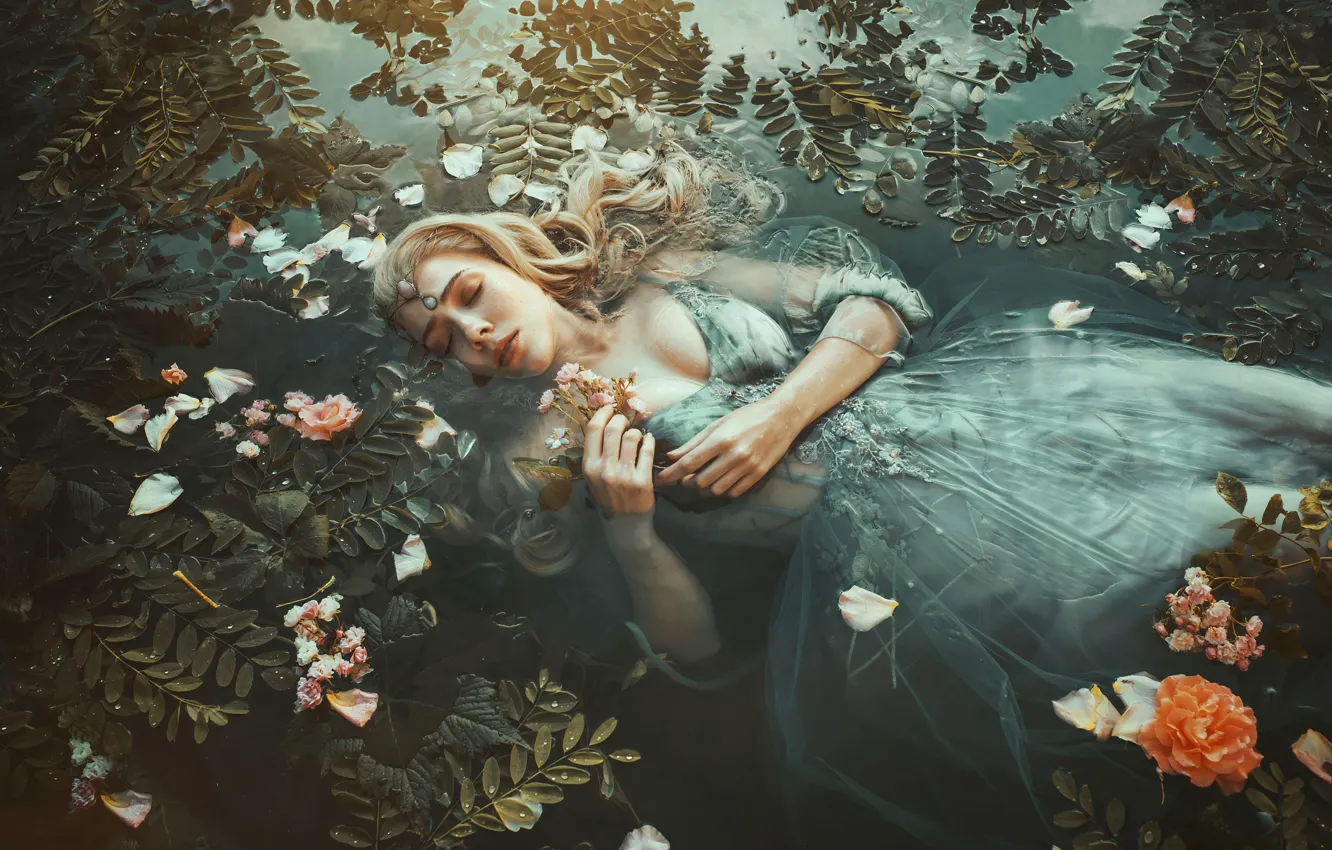 Photo wallpaper chest, leaves, water, girl, flowers, branches, nature, face