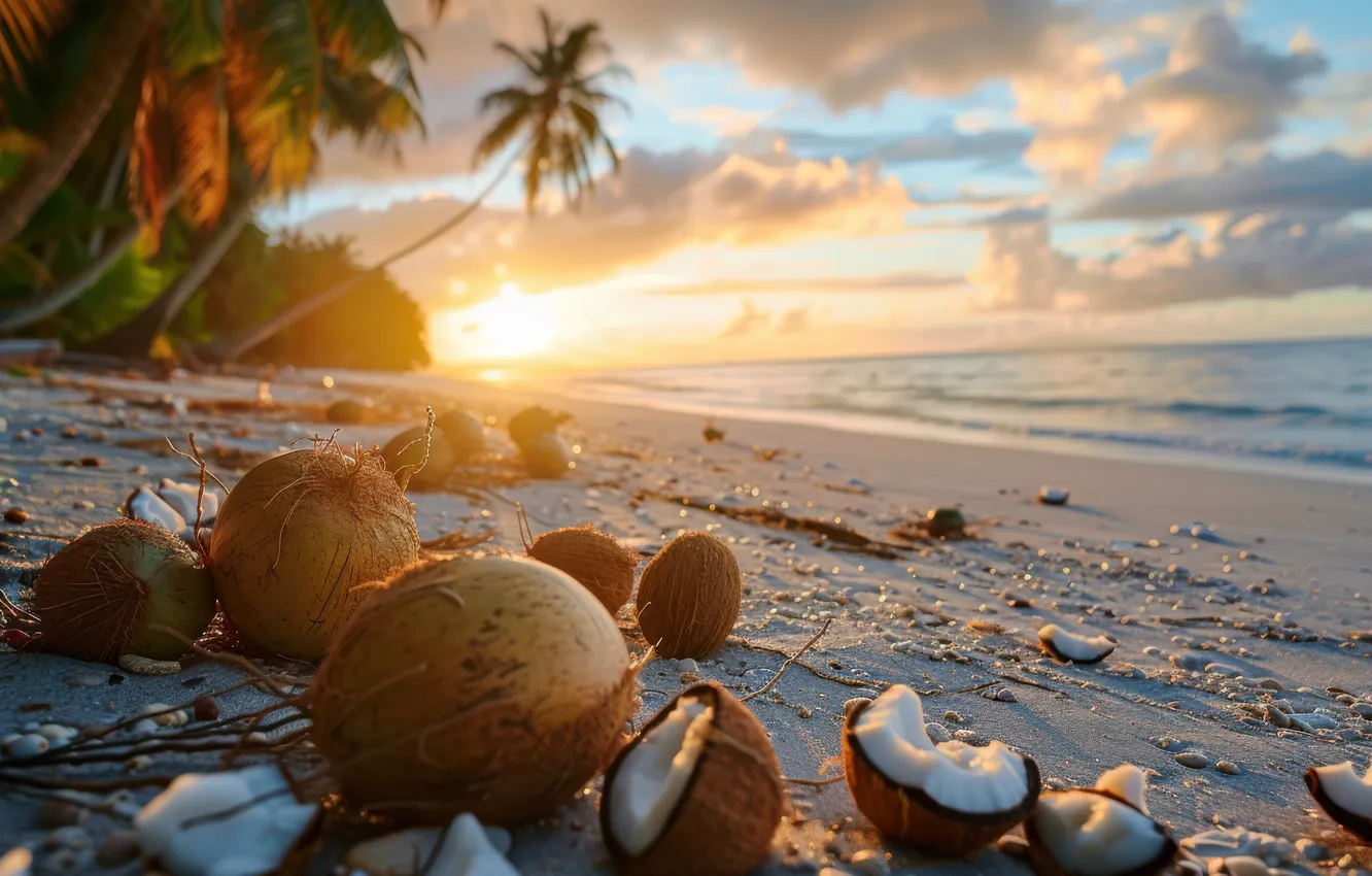 Photo wallpaper sand, sea, beach, the sky, the sun, clouds, rays, light