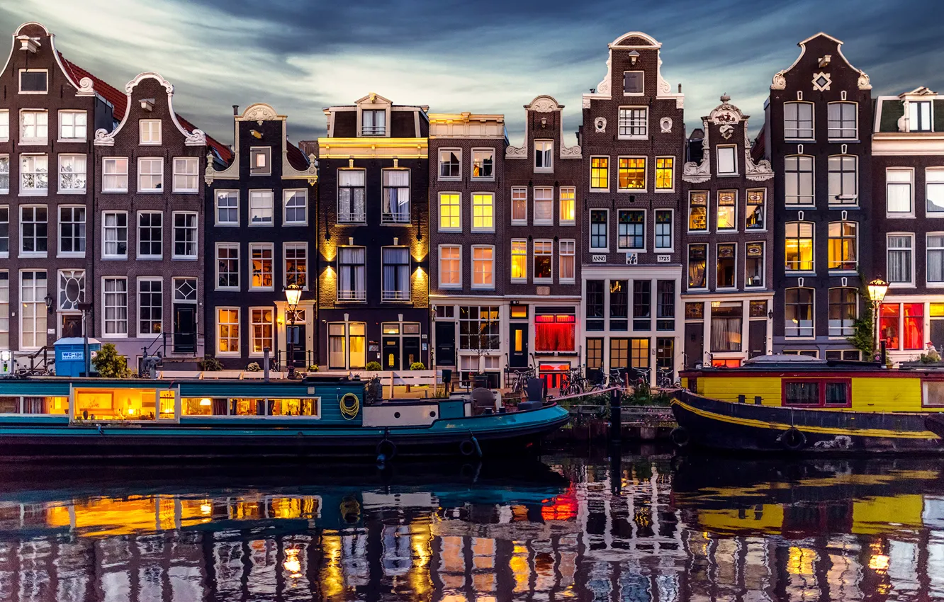 Photo wallpaper the city, lights, home, the evening, Amsterdam, channel, Netherlands