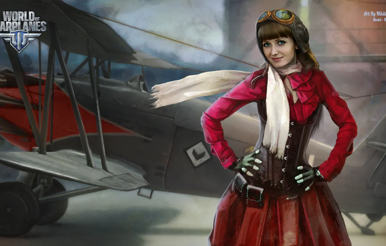 Photo wallpaper girl, the plane, scarf, girl, aviation, air, MMO, Wargaming.net