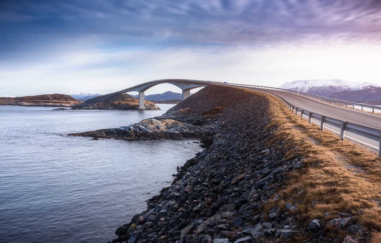 Photo wallpaper road, bridge, stones, pond, Norway