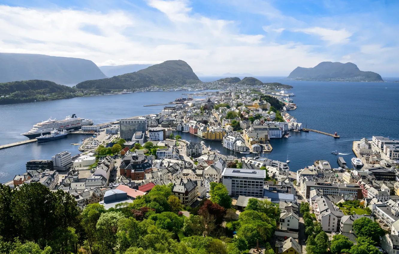 Photo wallpaper sea, landscape, the city, Norway, Alesund