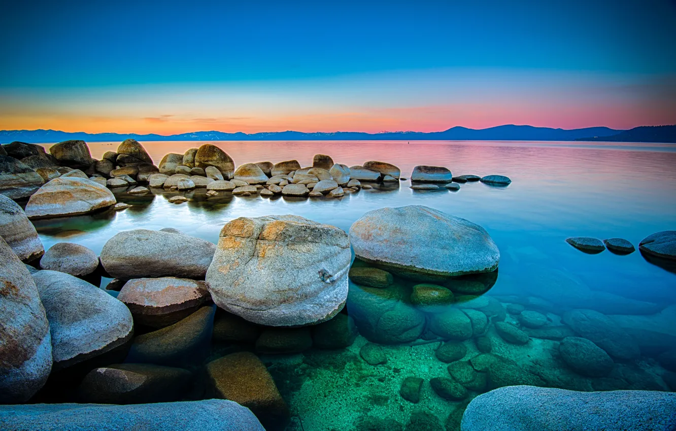 Photo wallpaper water, sunset, nature, lake, stones