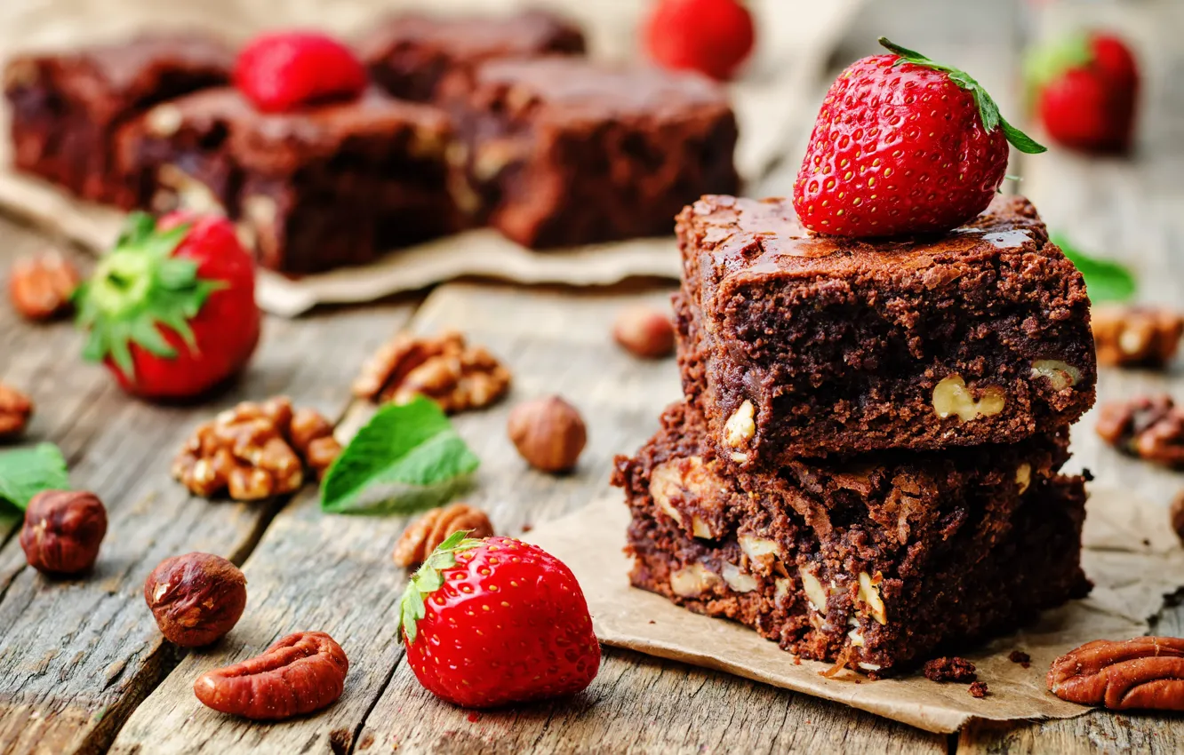 Photo wallpaper chocolate, strawberry, cake, nuts, sweet, chocolate, dessert, strawberries