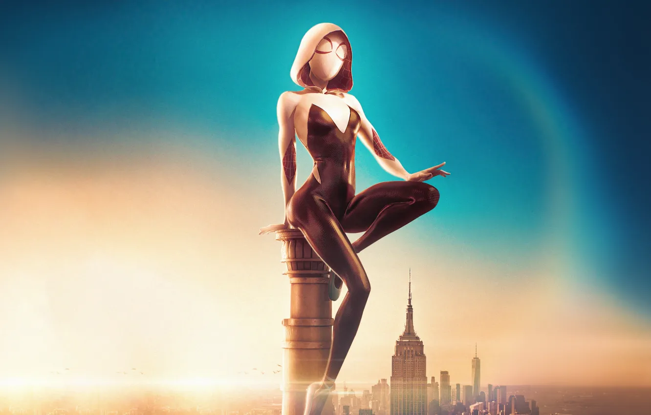 Photo wallpaper city, Spider, sitting, Gwen Stacy
