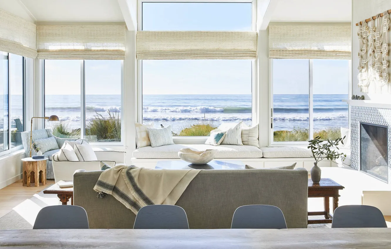 Photo wallpaper interior, fireplace, living room, ocean views, by Lauren Nelson Design, Stinson Beach House