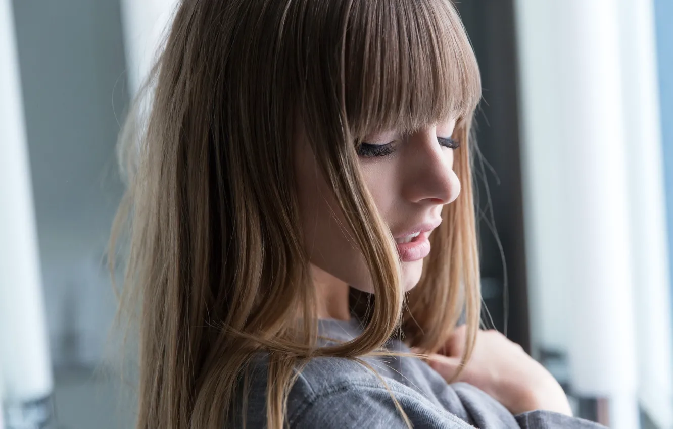 Photo wallpaper girl, long hair, brown hair, photo, model, bokeh, lips, face