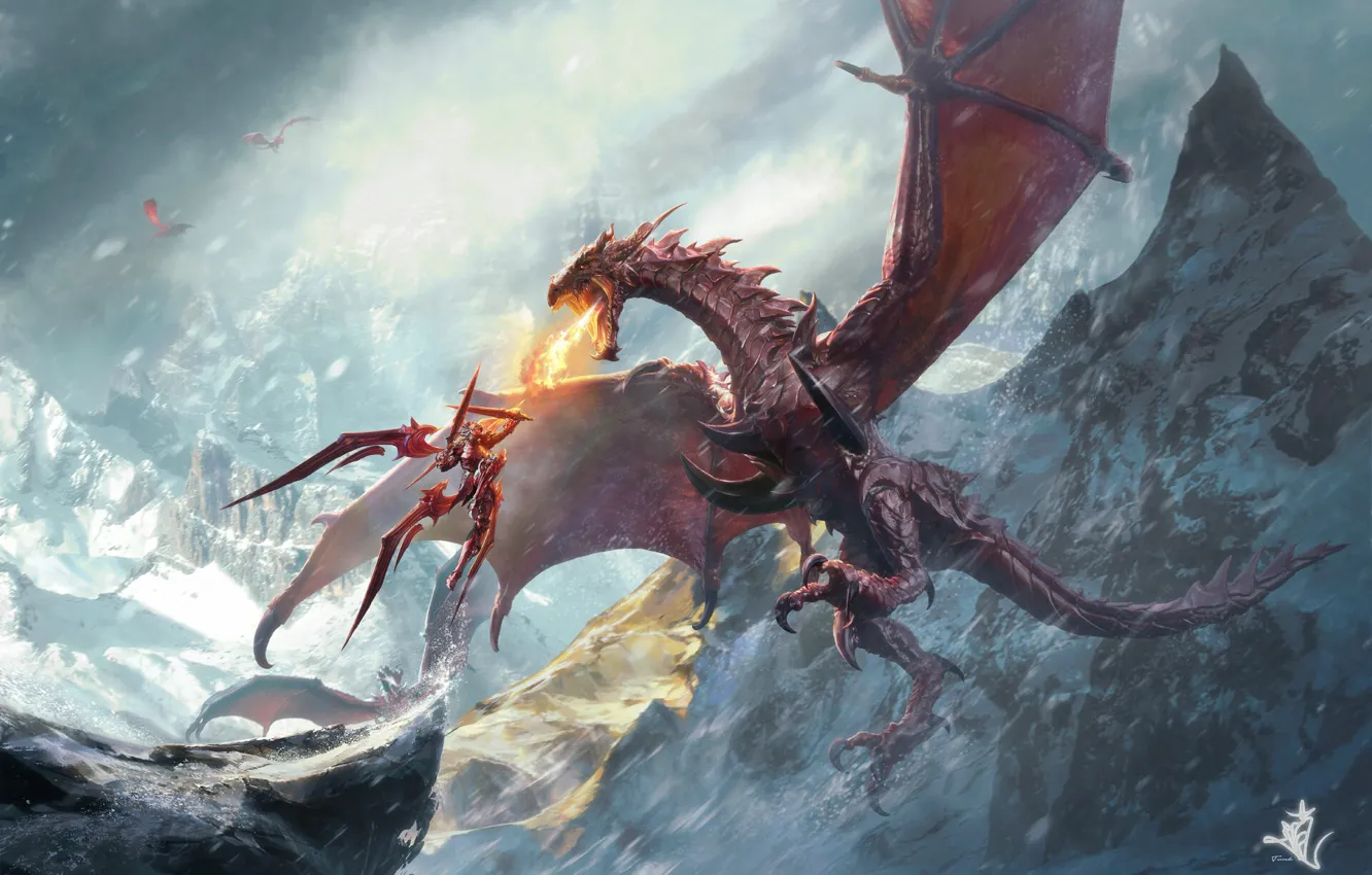 Photo wallpaper Mountains, Being, Dragon, Snow, Fire, Monster, Warrior, Wings