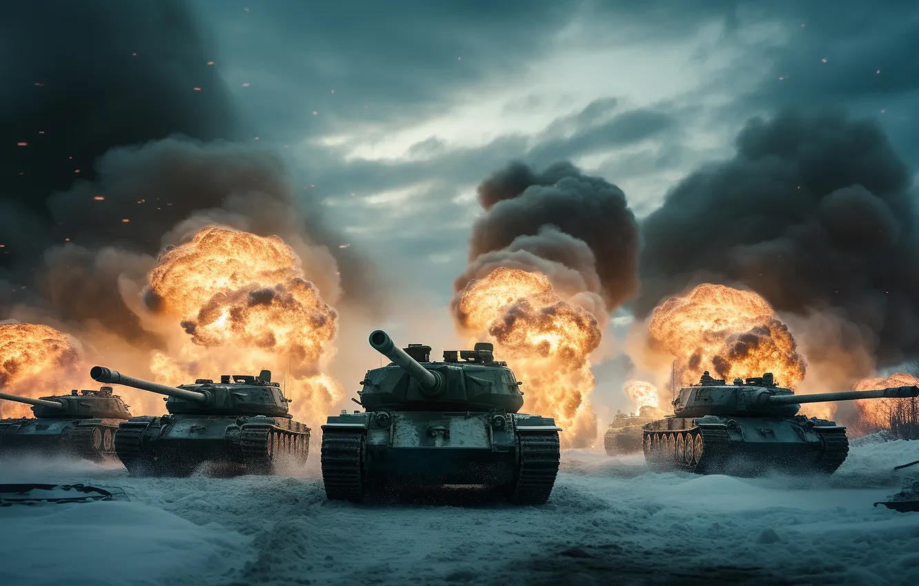Photo wallpaper Winter, Smoke, Snow, Fire, Explosions, Tanks, Digital art, AI art