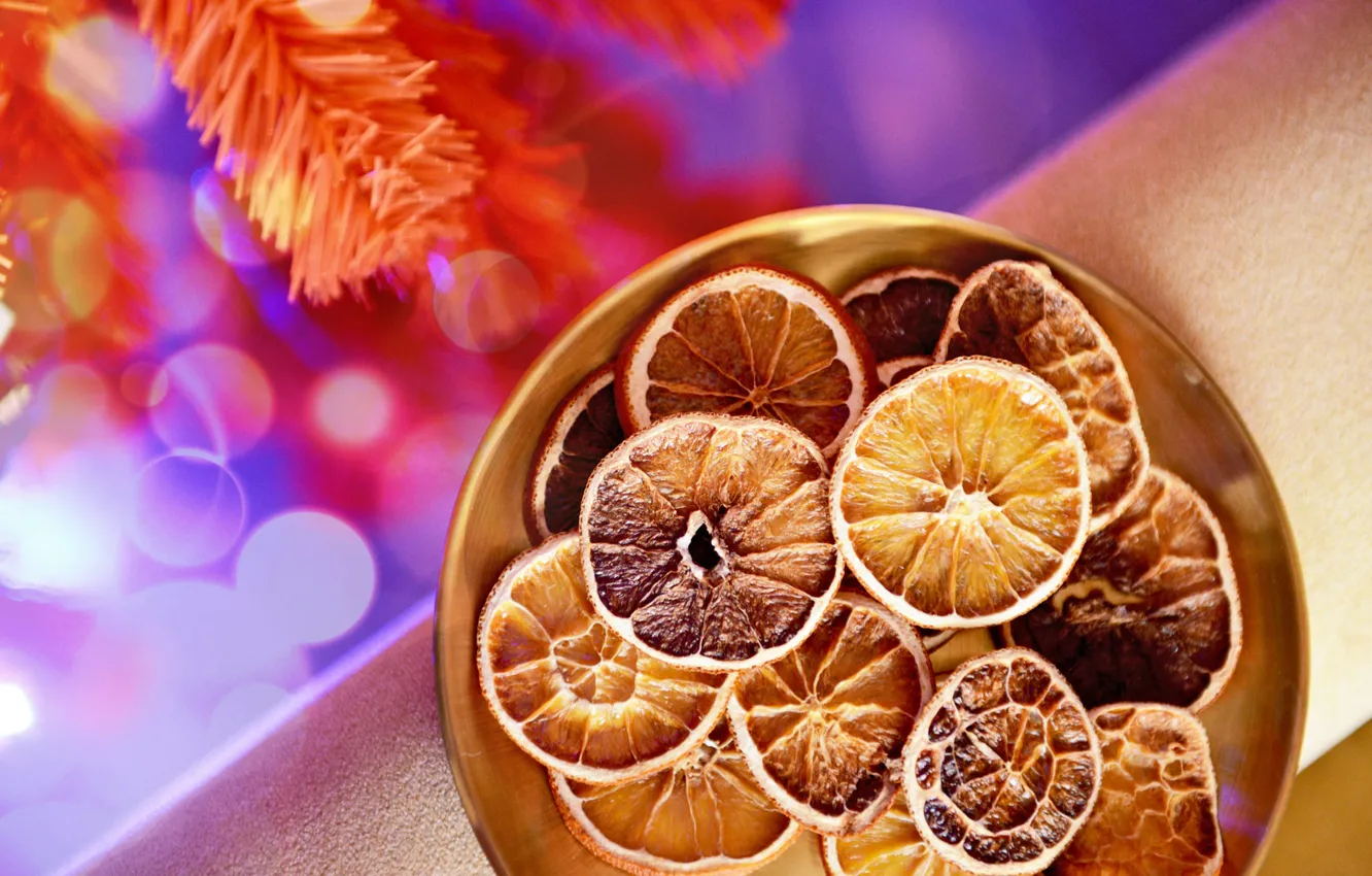 Photo wallpaper light, branches, lights, lemon, new year, orange, Christmas, citrus