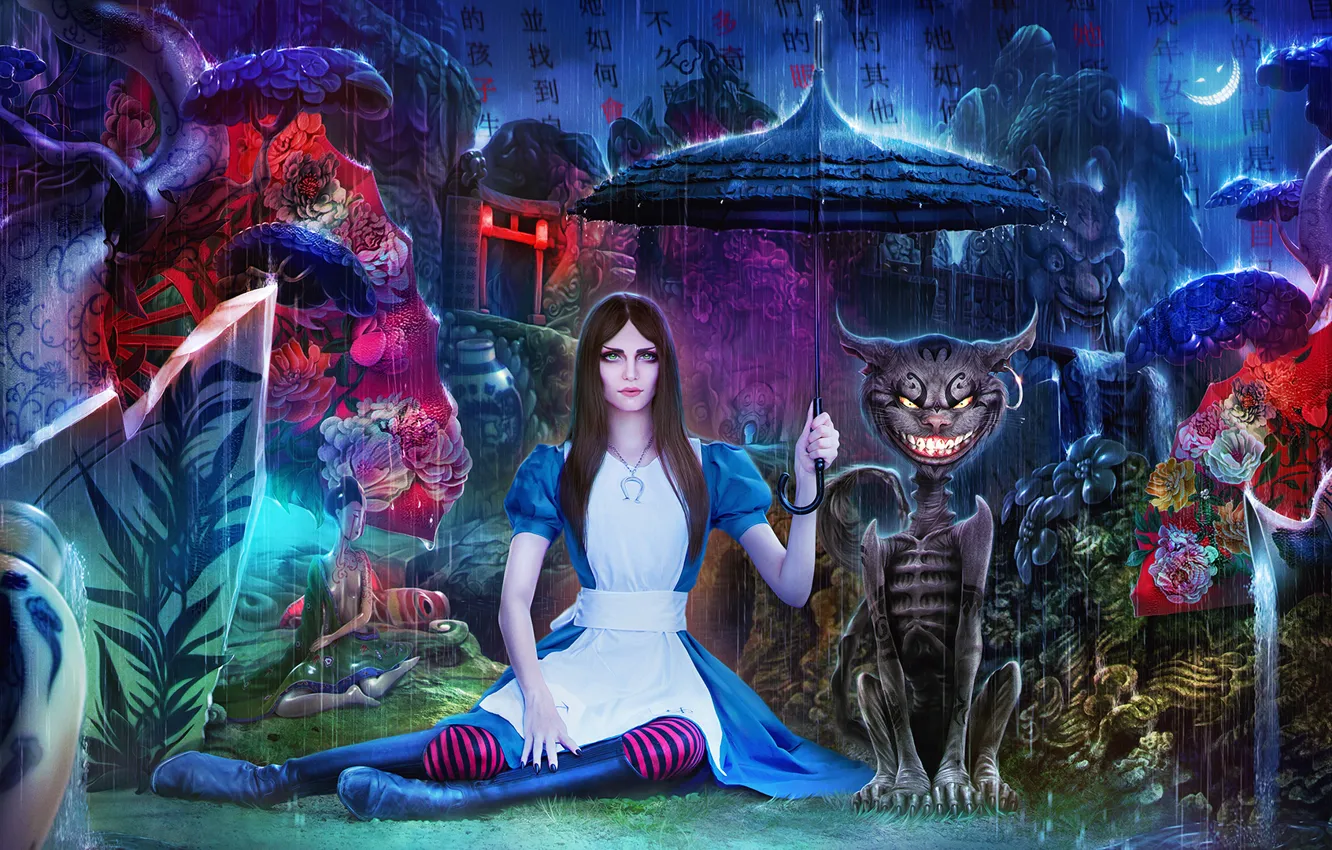 Photo wallpaper cat, girl, rain, umbrella, Cheshire cat, art, wonderland, alice