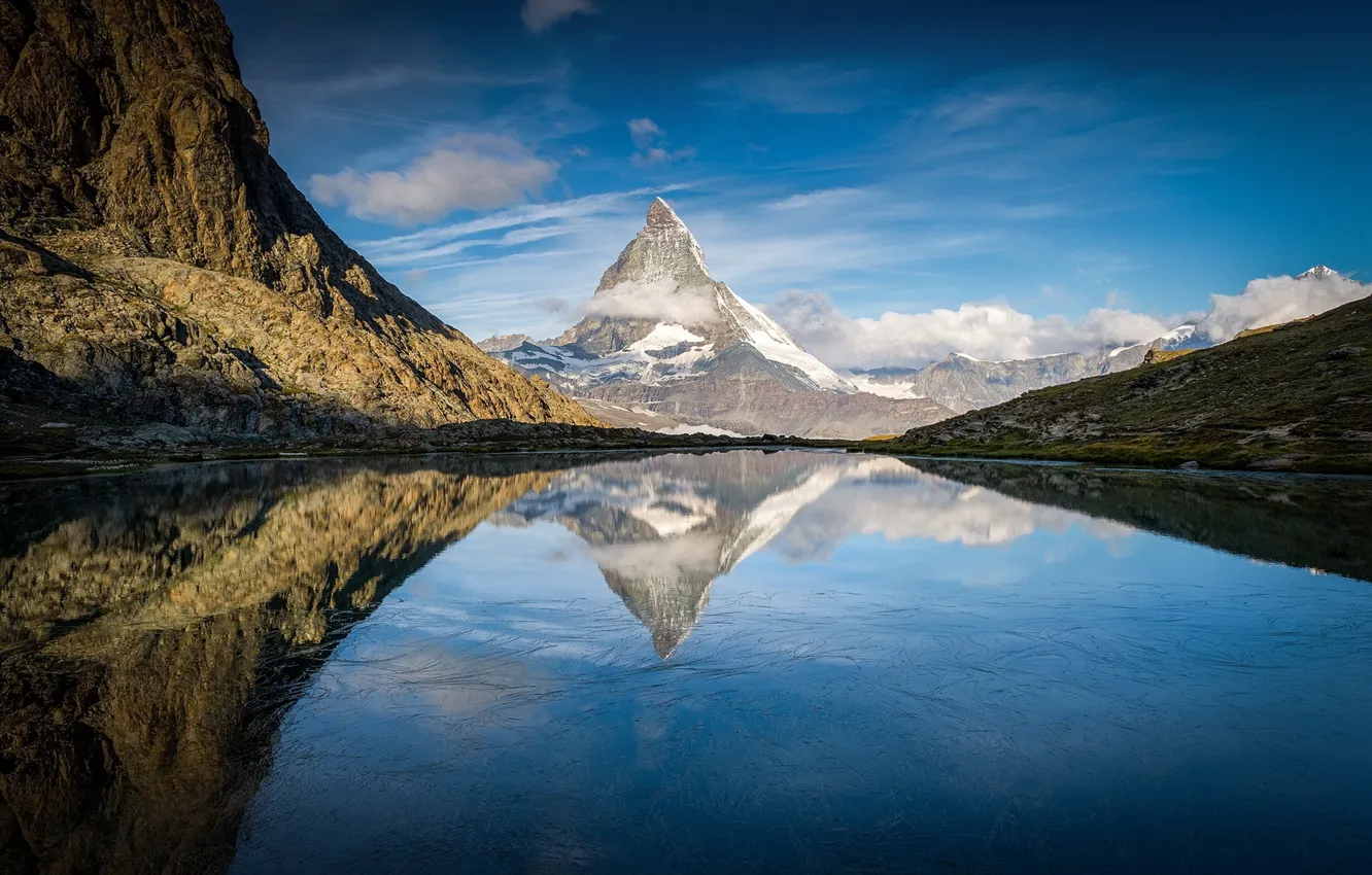 Photo wallpaper lake, reflection, Alps, the top of the Matterhorn