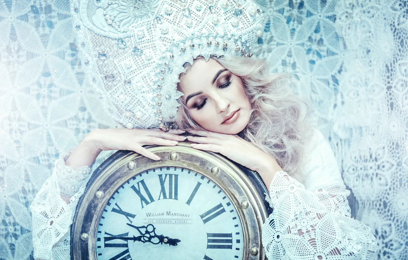 Photo wallpaper girl, pose, style, watch, hands, makeup, lace, closed eyes