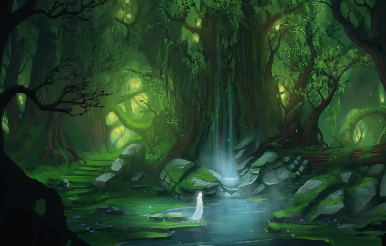 Photo wallpaper girl, river, art, blinck, painted landscape